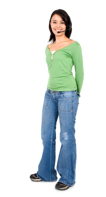 help center girl standing and smiling - isolated over a white background