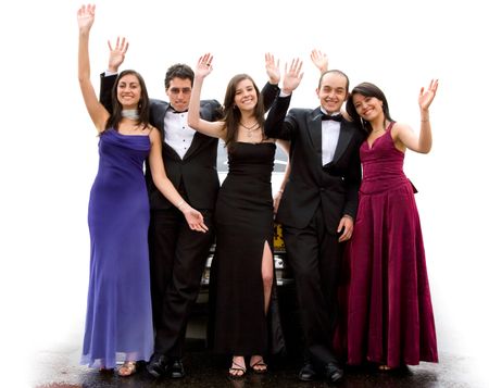 group of happy friends waving at the camera in front of a limosine over a white background