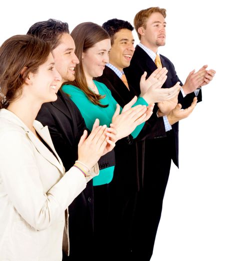 successful business team applauding isolated over a white background
