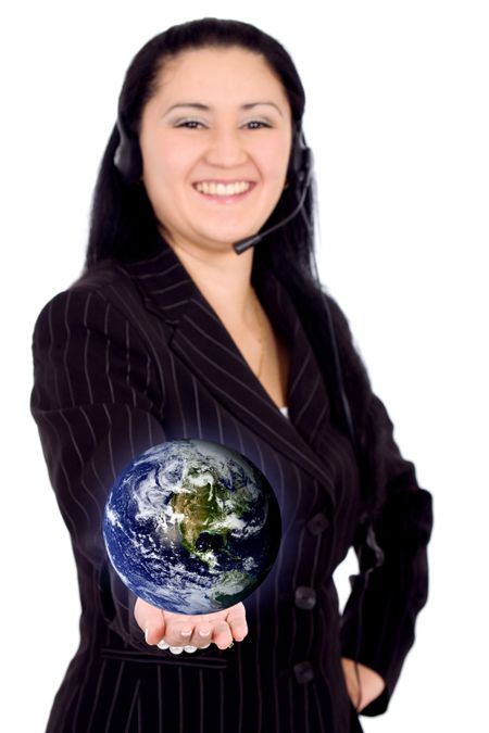 customer service girl smiling holding a globe - isolated over a white background