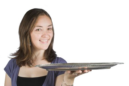 Casual smiling woman holding a tray over a white background