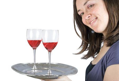 Casual smiling woman holding a wine tray over a white background