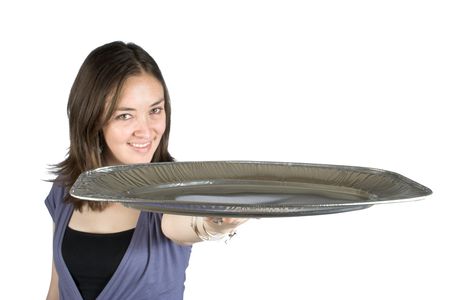 Beautiful woman smiling with a tray over white