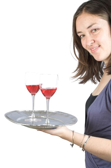 Casual woman holding a wine tray over a white background