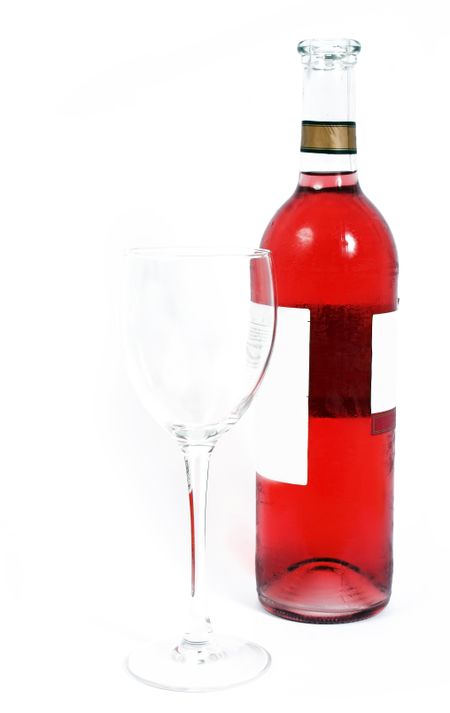 Bottle of red wine and glass over a white background