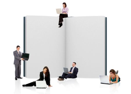 business people with an open book in 3D - isolated over a whie background
