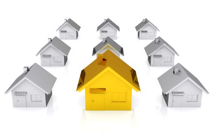 3D golden house standing out from silver ones - isolated over a white background