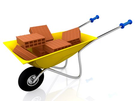 3D Wheelbarrow with bricks - isolated over a white background