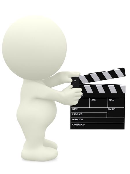 3D man holding a film klappe - isolated over a white background