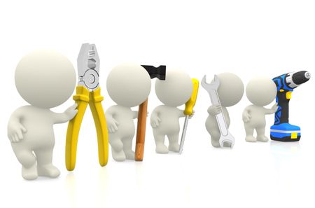 3D guys holding tools - isolated over a white background