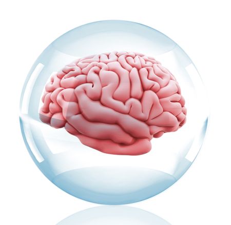 3D Human brain inside a crystal ball - isolated over a white background