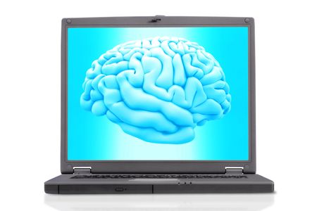 3D human brain on the screen of a laptop isolated over a white background