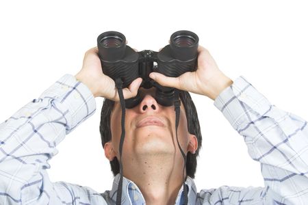 business man searching for something using binoculars over a white background