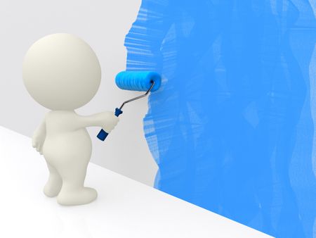 3D guy painting the wall with a brush - isolated over white