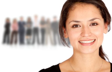 Business woman with a group on the background - isolated over white