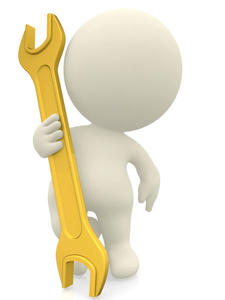 3D guy with a wrench or spanner - isolated over a white background