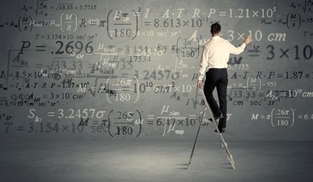 businessman-elegant-suit-standing-small-ladder-608650832 A businessman in elegant suit standing on a small ladder and writing numbers, calculating on grey wall background