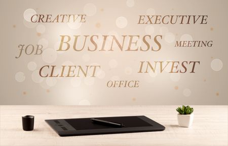 Business job office concept with close up wooden desk and materials, papers and electronic equipement