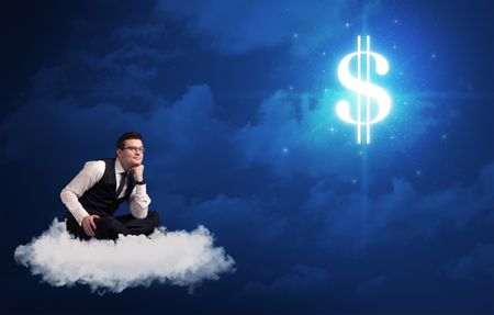 Caucasian businessman sitting on a white fluffy cloud wondering about huge money sign