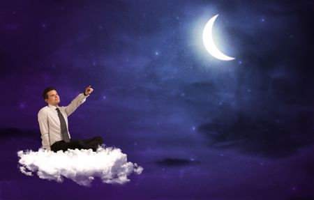 Caucasian businessman sitting on a cloud, wondering