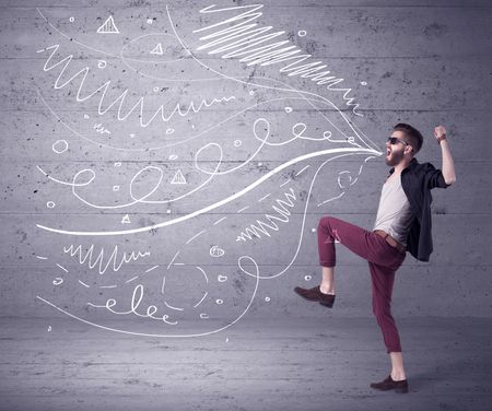 A mad hipster guy with beard shouting drawn white lines, curves on concrete urban wall illustration background concept