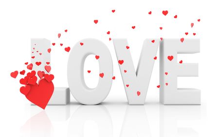 3D word love with read hearts around it - isolated over a white background