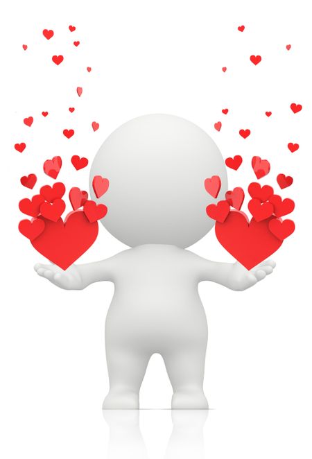 3D man in love holding red hearts - isolated over a white background