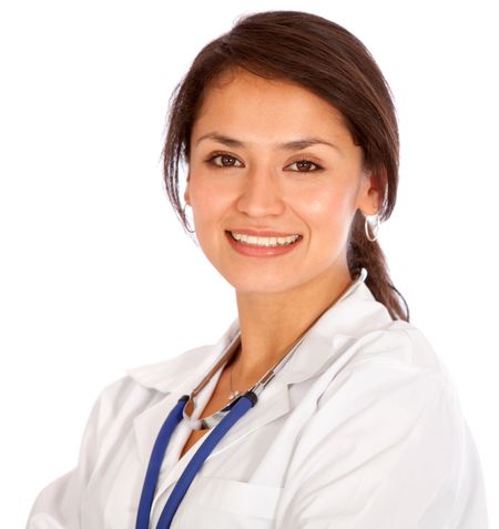 Young female doctor smiling - isolated over a white background
