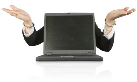 friendly laptop with hands facing up