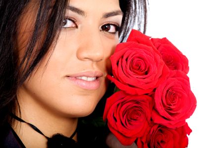 fashion girl portrait with red roses isolated over a white background