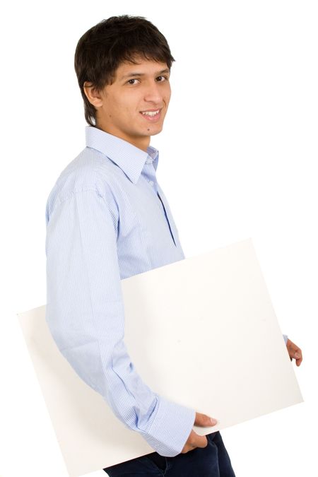 business man holding a white card isolated over a white background