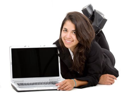 business woman displaying a laptop computer screen isolated over a white background