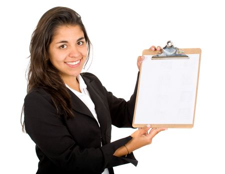 business woman with a notepad smiling - isolated over a white background