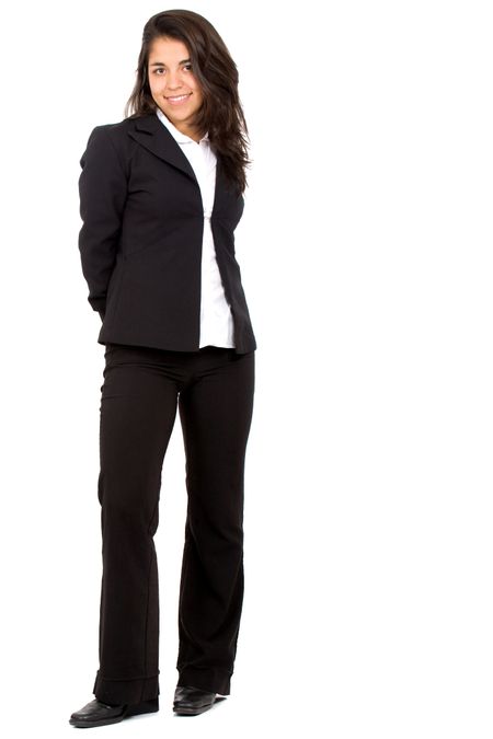 confident business woman standing wearing elegant clothes - isolated over a white background