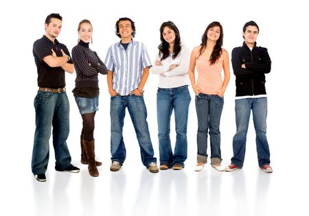 group of casual happy friends smiling and standing isolated over a white background