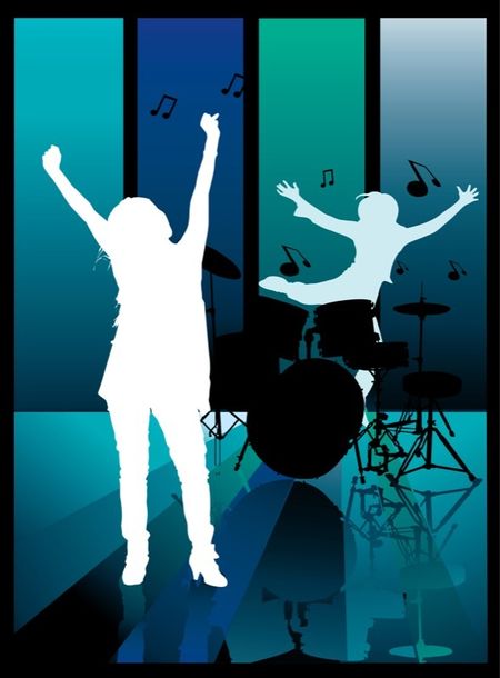 illustration of people playing drums with musical notes