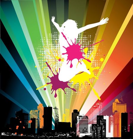 Illustration of a woman jumping in a colorful grunge city