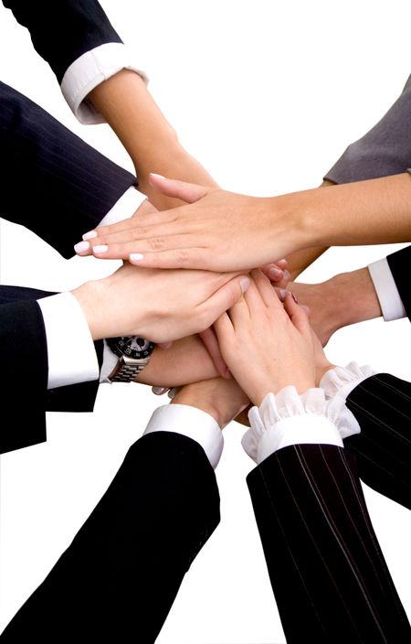 business team work hands isolated over a white background