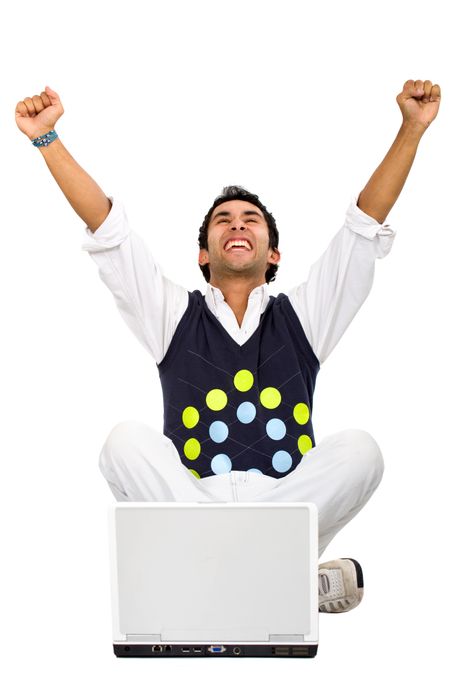 man on a laptop computer celebrating his success on the internet isolated over a white background