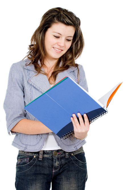 female student reading a notebook isolated over a white background