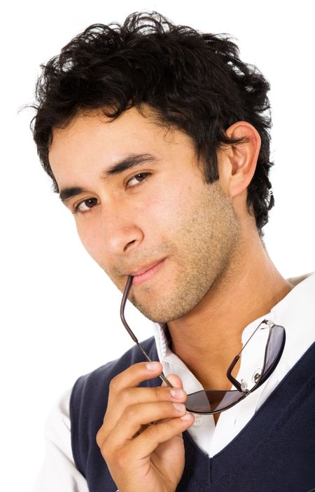 casual man portrait looking cool with sunglasses- isolated over a white background