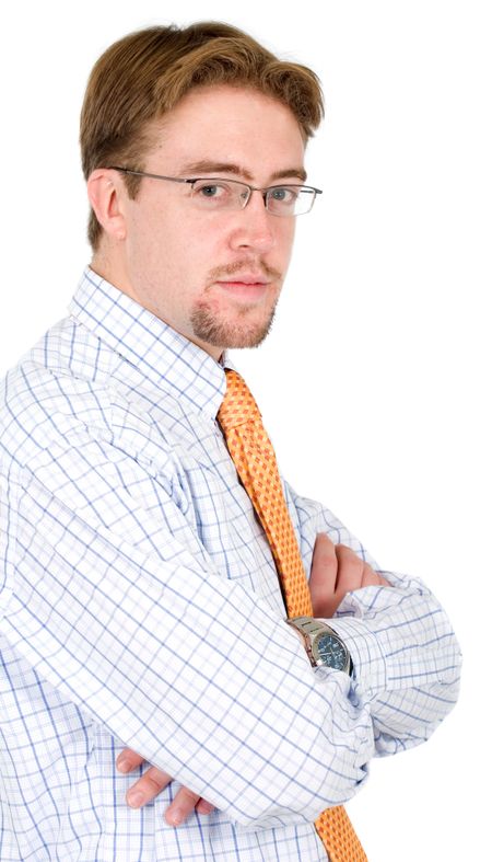 caucasian confident business man portrait with glasses - isolated over a white background