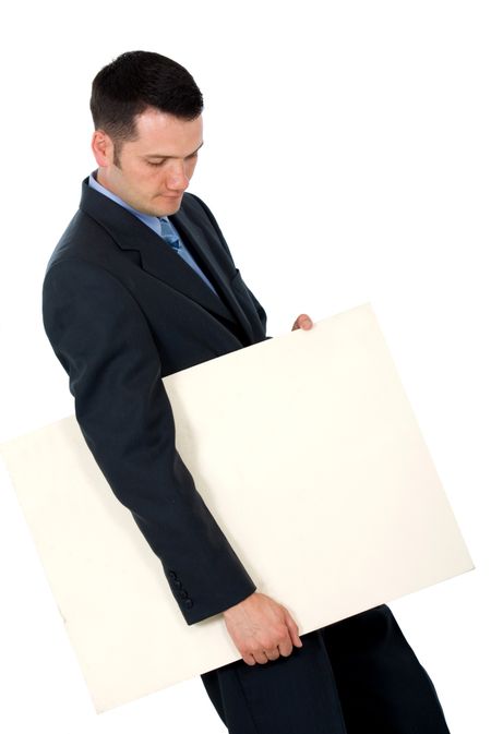 Business man holding a white card isolated over a white background