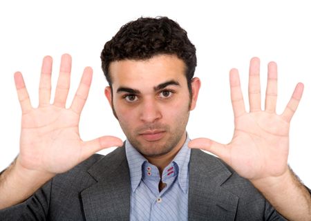 Business man showing his palms isolated over a white background