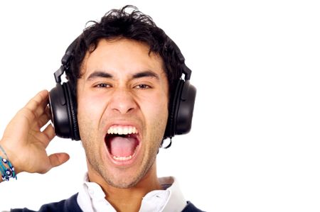 funky guy screaming while listening to music isolated over a white background