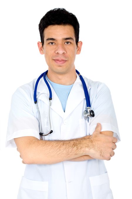 male doctor portrait with a stethoscope around his neck isolated over a white background