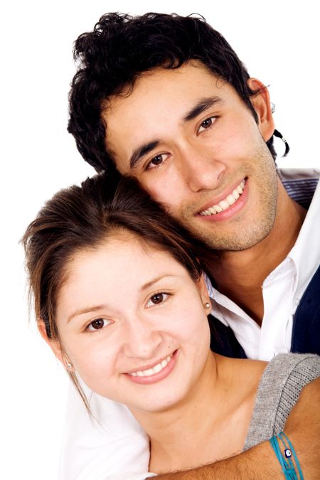 couple of young people portrait smiling - isolated over a white background