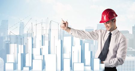 happy-construction-worker-drawing-city-white-613308575 A happy construction worker drawing a city with white, plain buildings, using arrows and angles