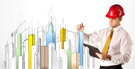 young-construction-site-worker-red-safety-613308815 A young construction site worker in a red safety helmet happily sketching a colorful city sight, drawing lines, arrows, angles, cranes buildings with a pen in his hand