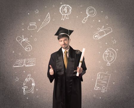 Happy graduate teenager with hand drawn school icons above his head